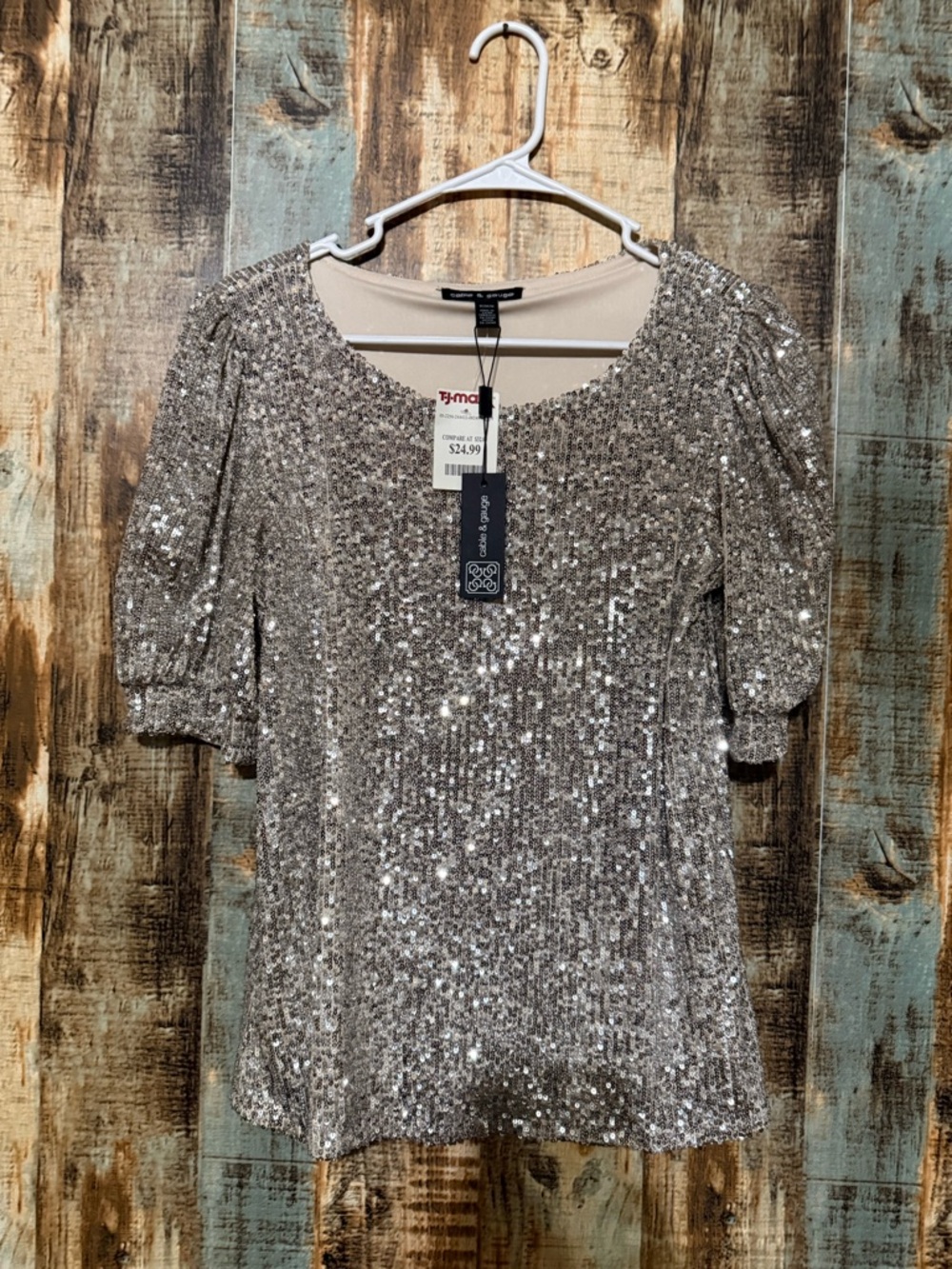 Cable & Gauge Silver Sequin Puff-Sleeve Top